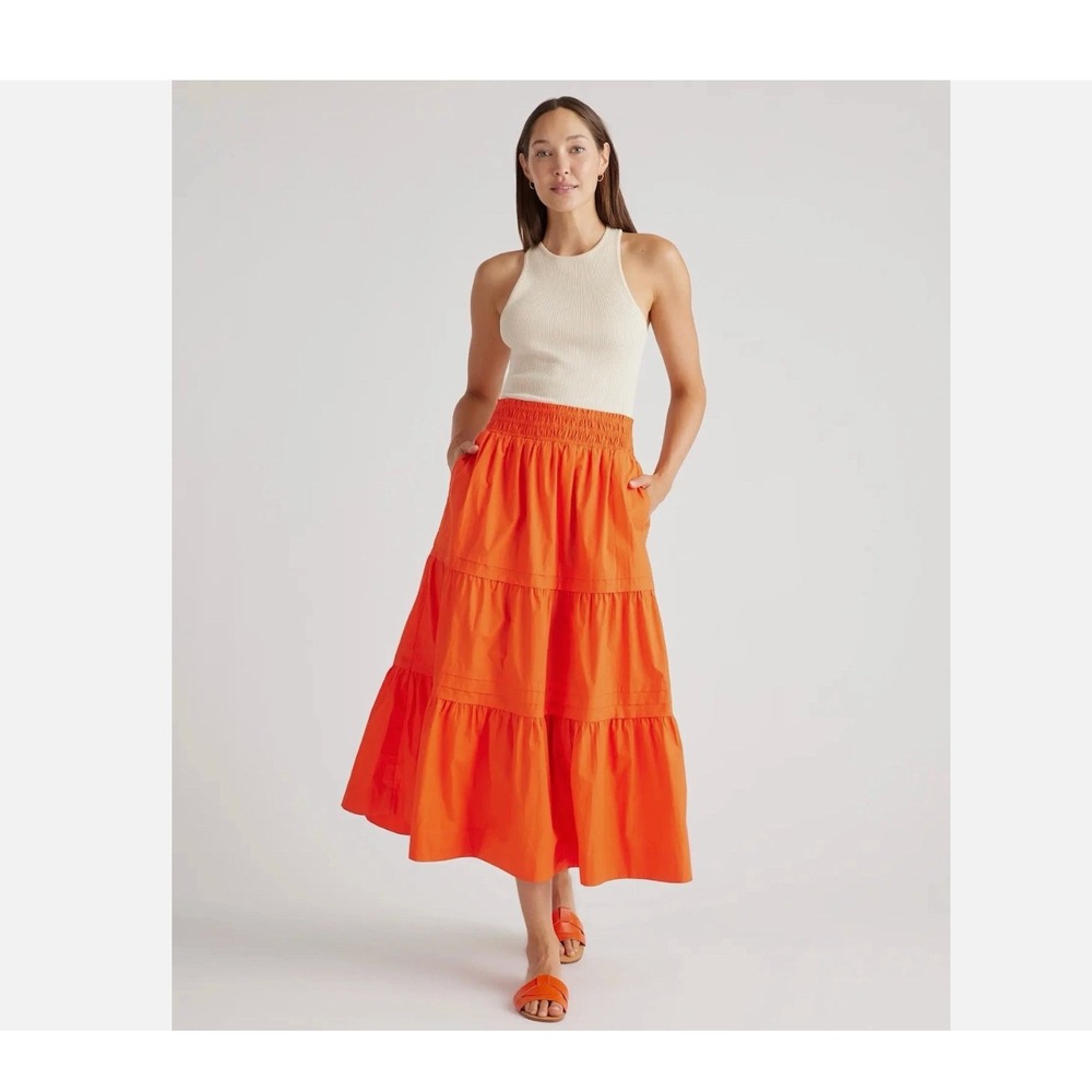 Quince Organic Cotton Poplin Tiered Maxi Skirt Vermillion Red Orange Size XS